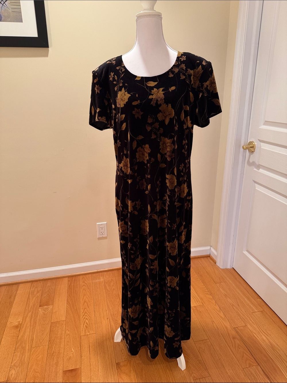 Sag Harbor Black Velvet Maxi Dress with Gold Floral Print slit on the left side